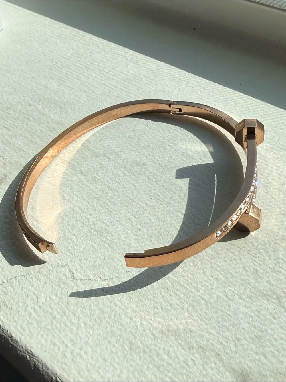Rose Gold Plated Crystal Accent Open Bangle Bracelet size 7